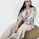 ست شومیز و شلوار لینن گلدار مدل گره دار